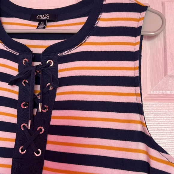 Chaps Blue Yellow and White Striped Sleeveless Lace Up Front Maxi dress Size L - Picture 5 of 9